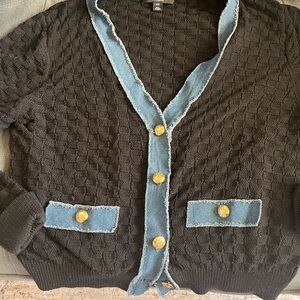 Laundry Black Cardigan with Blue Trim and Gold Buttons